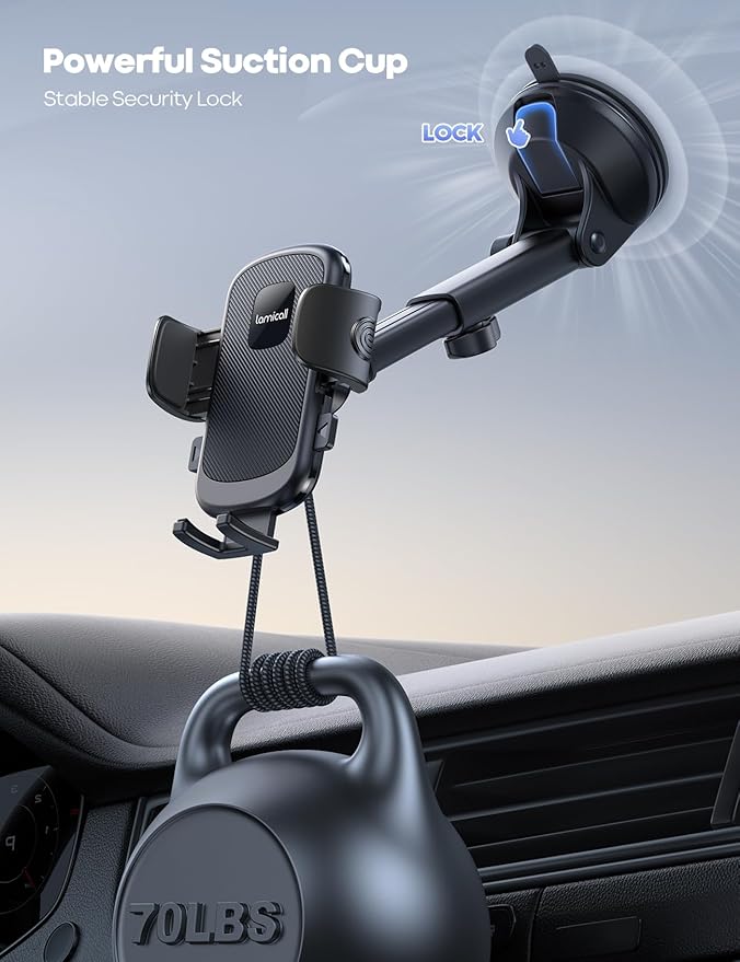 Lamicall Car Phone Holder - [Strongest Military-Grade Suction Cup] 360° Rotation Phone Holders for Your Car Quick Release Adjustable Phone Mount for Car Dashboard for iPhone 17 16 Pro Max Dark Grey