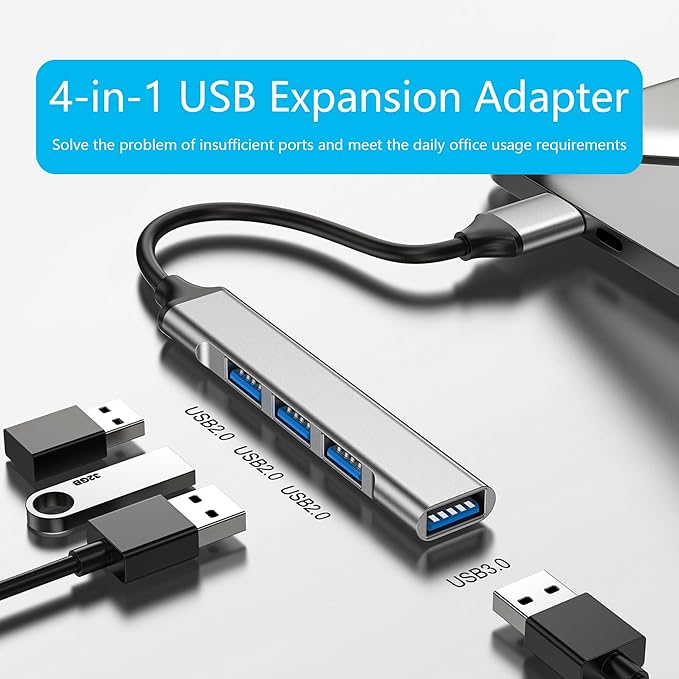 4 Port USB Hub with 3inch Cable, Multi Port USB Extender Adapter,1 USB 3.0/3 USB 2.0 Port, for Laptop, PC, Flash Drives, Mobile HDD and More USB