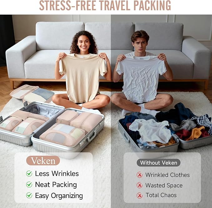 Veken 8 Set Packing Cubes for Cruise Ship Essentials,Beach Vacation Travel Accessories with Hanging Toiletry Bag,Suitcase Organizer for Luggage,Personalized Birthday & Retirement Gifts for Women Mom