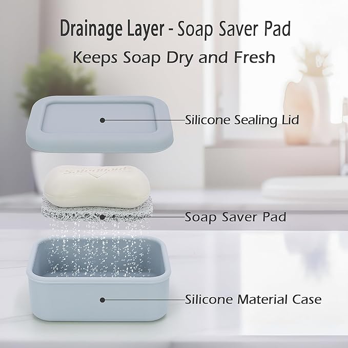 AIDIMMING Leak Proof Silicone Travel Soap Case with Drain Pad, Compact Bar Soap Container with Lid, Portable Soap Holder for Standard Bar Soap & Handmade Soap, Travel Camping Gym (Light Gray)
