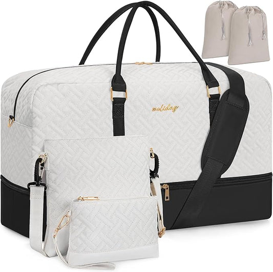 Weekender Bag for Women, 5 Pcs Set Carry on Overnight Bag, 23" Large Travel Duffel Bag with Waterproof Shoe Compartment for Weekend Travel Business Trip