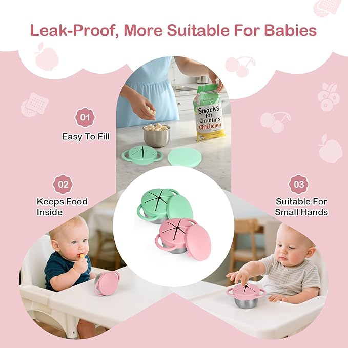 Daximo 2 Pack Snack Cups for Toddlers Spill Proof - Detachable Stainless Steel Toddler Snack Cups with Silicone Lids & Handles - Dishwasher Safe Snack Container(Green and Pink)