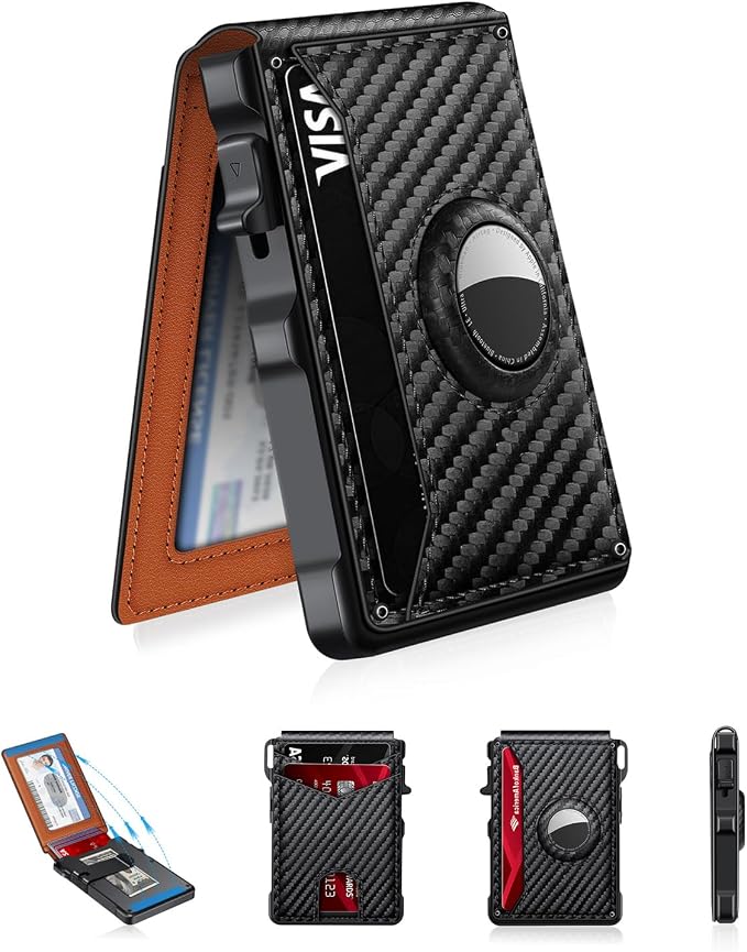 Airtag Wallet for Men, Mens Smart Wallet for Air Tag RFID Blocking, Minimalist Bifold Pop Up Aluminum Credit Card Case Holder 12+ Cards with ID Window, Gift for Men, No Airtag Included (Carbon Orange)