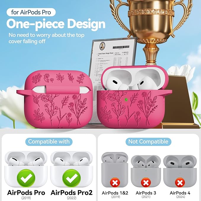 for AirPods Pro 2 Case, Ekoonpft Silicone AirPod Pro Cases with 3-in-1 Cleaning Kit & Keychain, Flower Engraved Cover for Apple AirPods Pro 2nd/1st Generation, Shockproof & Anti-Scratch