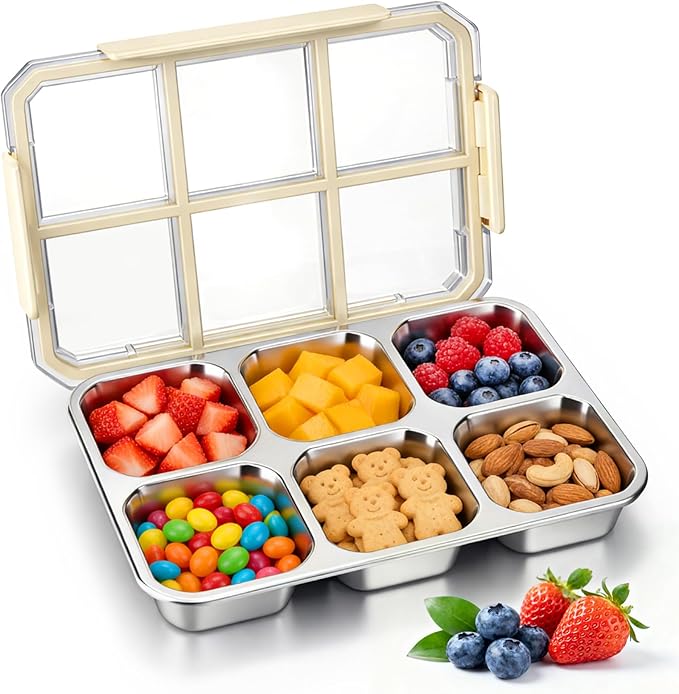 Palksky Snack Box Stainless Steel 6 Compartment, Reusable Snack Containers with Lids, Portion Control Snack Boxes for Adults, Ideal for Office Desk, Travel, Picnic & Fitness, 1 Packs