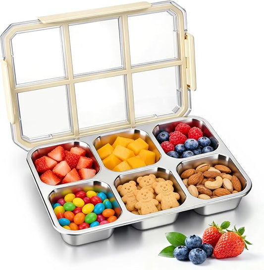Palksky Snack Box Stainless Steel 6 Compartment, Reusable Snack Containers with Lids, Portion Control Snack Boxes for Adults, Ideal for Office Desk, Travel, Picnic & Fitness, 1 Packs