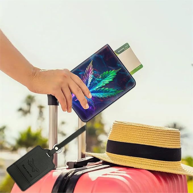Passport Wallet, Passport Holder with RFID Blocking and Luggage Tag, Waterproof PU Leather Travel Documents Organizer Case, Passport Covers with Card Slot for Women & Men, Weed Leaf Passport Book