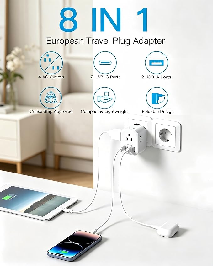 2 Pack European Travel Plug Adapter, HANYCONY International Power Adapter 4 Outlets 4 USB C Ports (2 USB C), Foldable Type C Adapter for US to Most Europe EU Italy Spain Greece Portugal France Germany