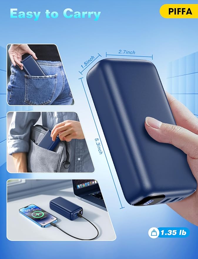 PIFFA Portable Charger Power Bank - 50000mAh Battery Pack, 22.5W Fast Charging Powerbank,Travel Essential for Portable Phone Charger, USB-C Phone Charger for iPhone 17/16/15/14/13 Samsung-Dark Blue