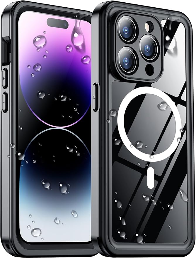 Compatible with iPhone 14 Pro Max Case Waterproof, Built-in Screen & Camera Protector IP68 Underwater Full Body 14FT Military Dropproof Shockproof Phone Case 6.7"-Black/Clear-Mag