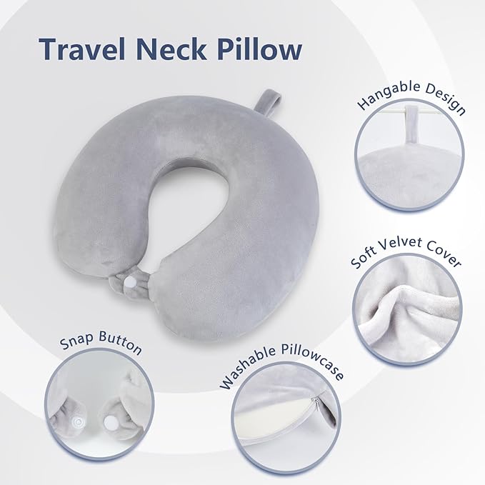 Travel Pillow, Memory Foam Neck Pillow for Traveling, U Shape Airplane Portable Flight Pillow Adult Travel Neck Pillow for Plane Train Car Home Office - Grey