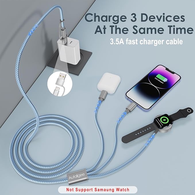 Travel Essentials,Multi Charging Cable for Apple Watch Charger/iPhone Charger/Samsung Charger,Airplane Gadgets RV Essentials for iWatch Ultra/10-2/iPhone 17-11/Samsung S25-S20,airPods,Car-4FT Blue