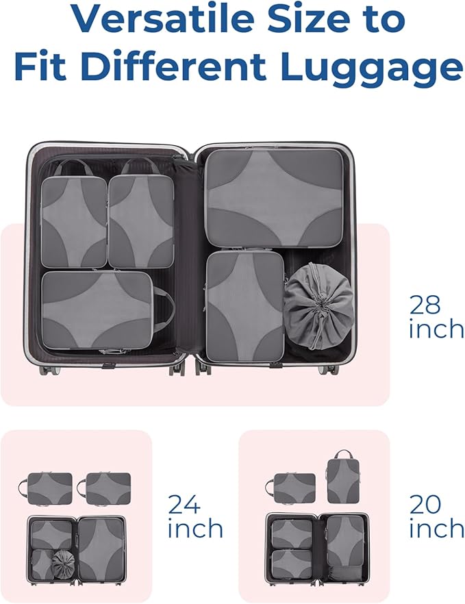 BAGSMART Compression Packing Cubes for Travel, 6 Set/14 Set Compressible Luggage Organizer for Cruise Ship, Lightweight Travel Essentials (1L+2M+2S+Shoe bag+Drawstring bag+Toiletry bag+6Plastic bags)
