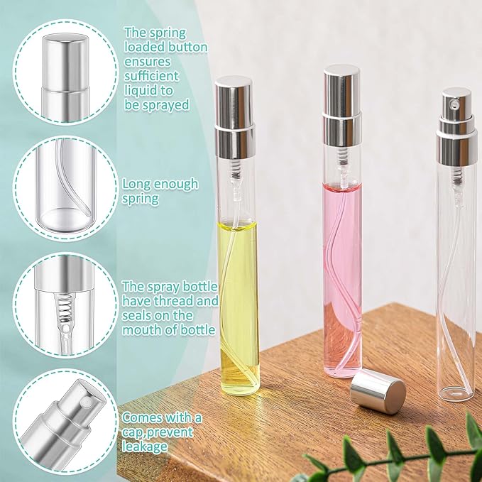 Zhehao 1 Pcs Mini Spray Bottles 10 ml Clear Glass Perfume Bottles Refillable Fine Mist Perfume Atomizer Portable Empty Sample Containers for Cleaning, Essential Oils, Travel (Silver Cap)