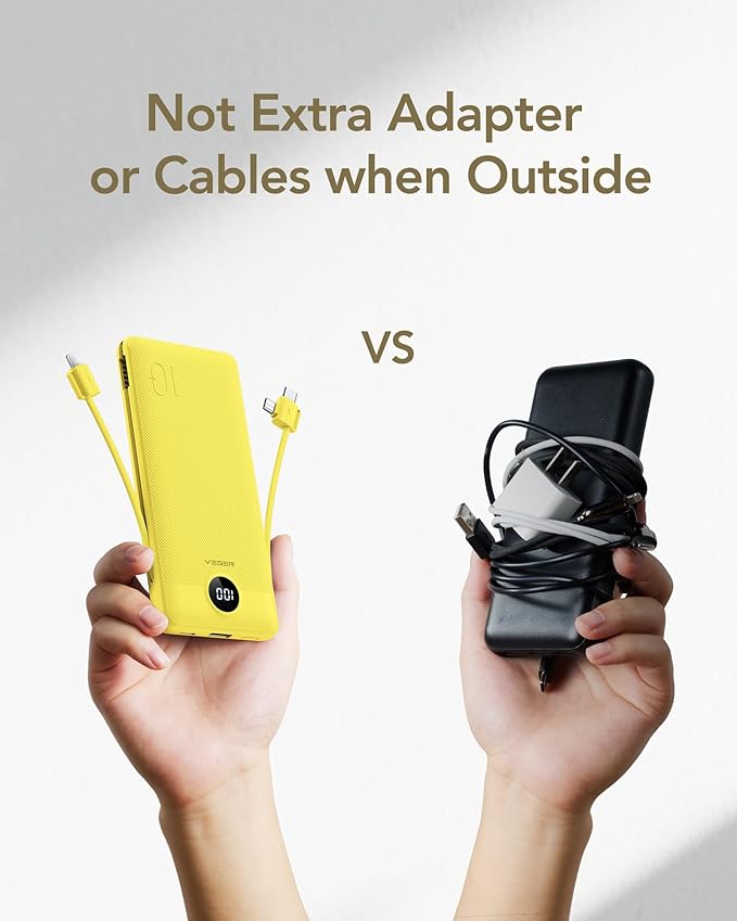 VEGER Portable Charger Power Bank with Built-in AC Plug and Cables, All in One 10000mAh Ultra Slim Travel Essentials, Fast Charging Battery Pack Compatible with iPhone, Samsung, Android, Yellow