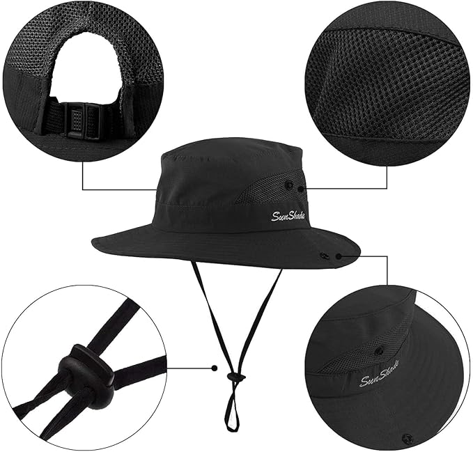 Womens Summer Sun-Hat Outdoor UV Protection Fishing Hat Wide Brim Foldable-Beach-Bucket-Hat with Ponytail-Hole