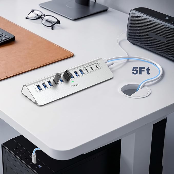 Powered USB Hub 10Gbps, intpw 12-Port USB 3.2 Hub with USB A/USB C 3.2, 7 USB 3.0, 2 PD 45W Charging Port, 65W Power Adapter and 5FT Cable, Aluminum USB Hub for Laptop, iPhone 17/16/15/PC
