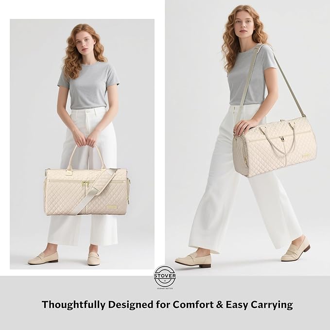 STOVER Women’s Convertible Garment Duffel Bag for Travel – 2-in-1 Carry-On Weekender/Overnight Tote - Wrinkle-Free Dresses, Suits & Clothes + Shoe Compartment & Bonus Toiletry Bag (Cashmere Cream)