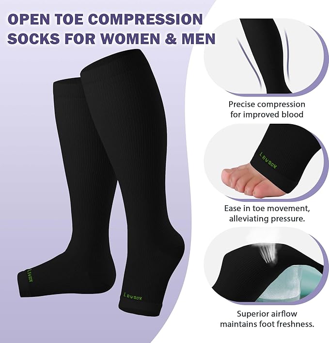 LEVSOX Open Toe Compression Socks for Women & Men 20-30mmHg Toeless Sock Knee High Support Stockings for Circulation Nurses Pregnant Travel