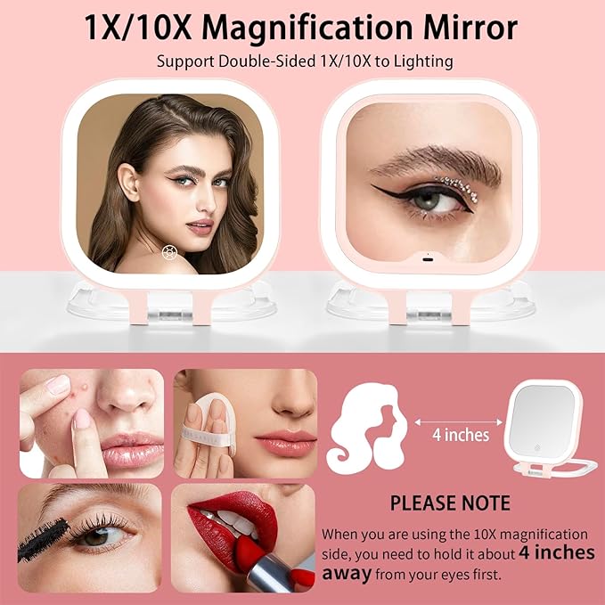 DESCHEN Rechargeable Travel Makeup Vanity Mirror with Lights and Magnification, 7" Portable 1X/10X Magnifying Mirror with 3 Color Light, Lighted Makeup Mirror with Magnification, Folding LED - Pink