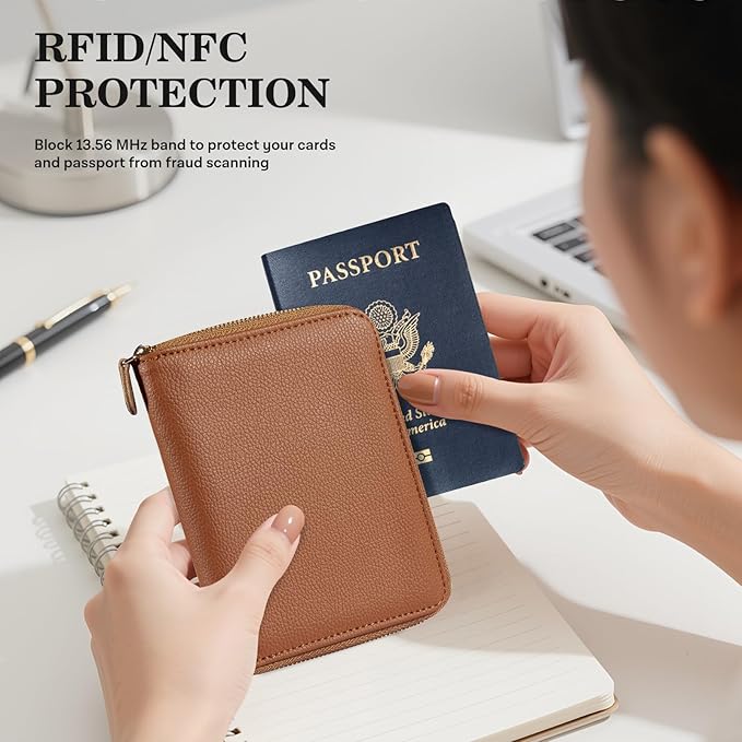 CoBak Passport Holder Cover with Safe Zipper Closure, Premium Passport Wallet for Travel, RFID Blocking Card Case, Waterproof Travel Accessories for Man, Pebbled Brown