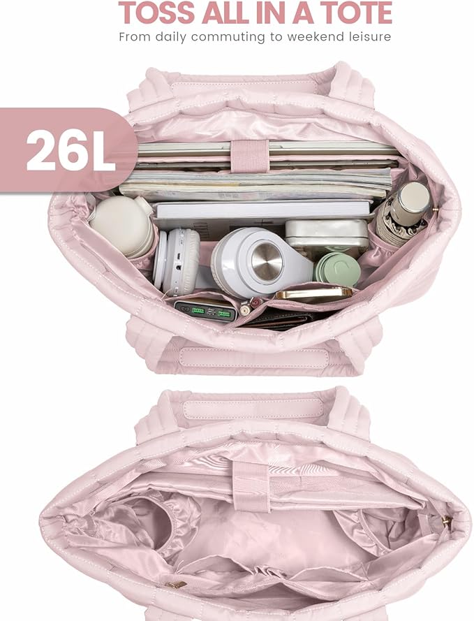 LOVEVOOK Laptop Tote Bag for Women, 15.6 Inch Large Puffer Work Computer Tote Bags for Teacher Nurse, Quilted Women's Purse Tote Shoulder Handbags with Zipper for Travel College Office Gym, Pink