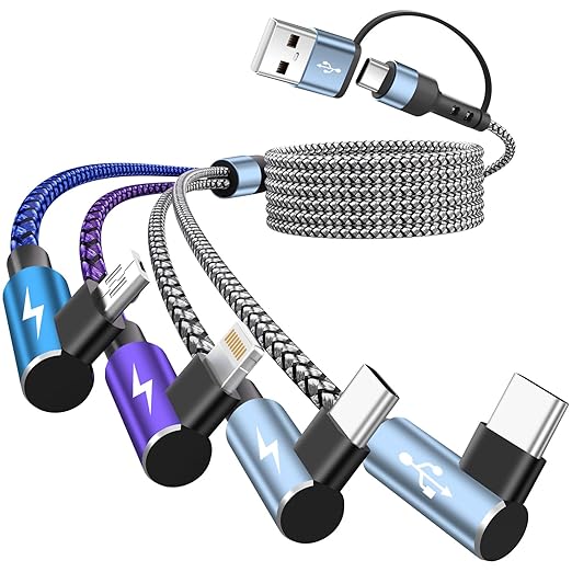90 Degree Phone Charger, 4 in 2 Multi Charging Cable, USB C CarPlay Cord Charger Cables with Dual Type-C, Micro USB, IP Port, Nylon USBC Cord Right Angle Compatible with Phone17/16/15, Android, 5FT