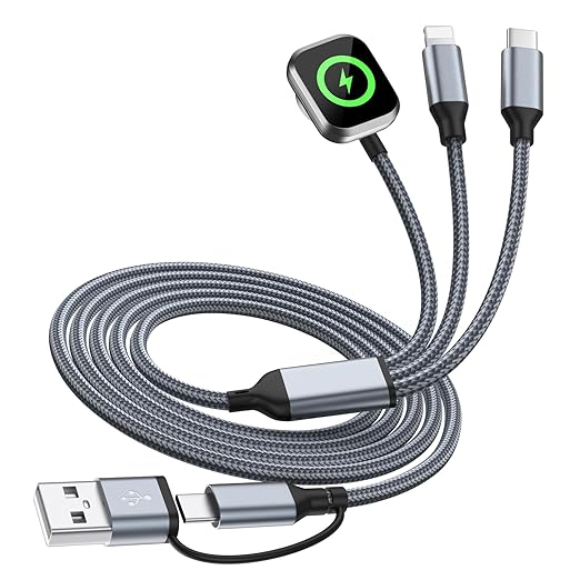 3 in 2 Multi Charging Cable for iWatch Charger/IP/USB C, Travel Cruise Essentials for Car Charger,5FT Nylon Charger Cord USB C/A Phone Charger for iWatch Series/iPhone 17-11/iPad,Home/Office/Car Use