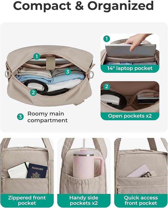 BAGSMART Expandable Personal Item Travel Bag, Lightweight Gym Bag for Women, 24L Weekender Travel Duffle with Toiletry Bag, Carry on Overnight Duffel, Camel