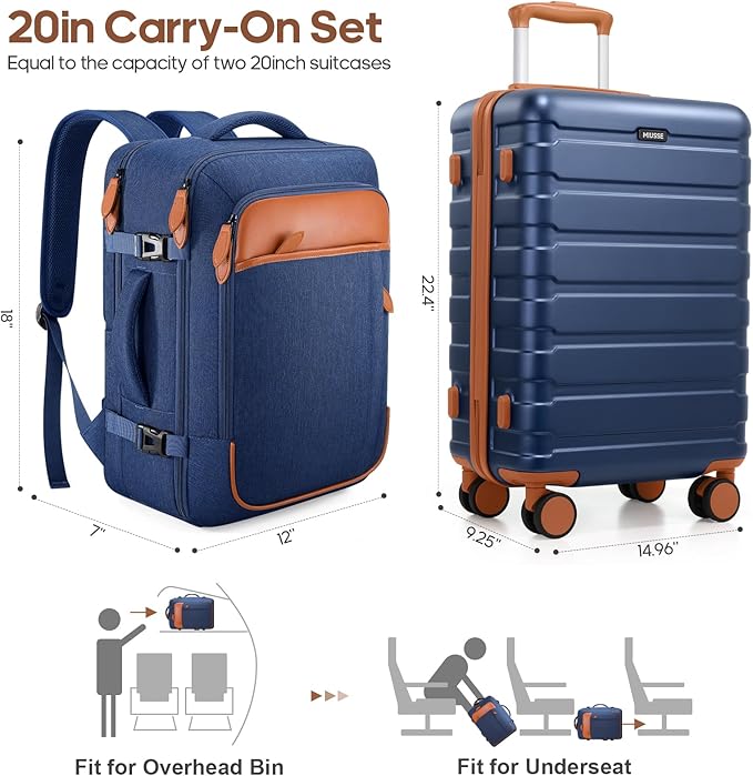 Luggage Sets 3 Piece, 20 Inch Hardshell Carry On Luggage 22x14x9 Airline Approved, Suitcase with TSA Locks & YKK Zippers, Carry On Suitcase with Wheels for Men & Women Travel