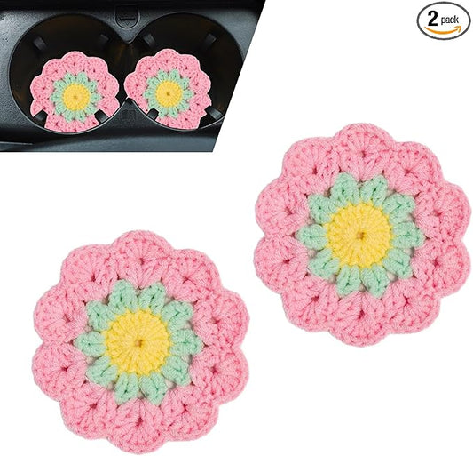 2 PCS Car Flower Coasters, Handmade Crochet Cotton Floral Insert Pad, Non-Slip Absorbent Insulated Placemat, Universal Boho Cute Decor Interior Accessory for Women Girls (Pink)