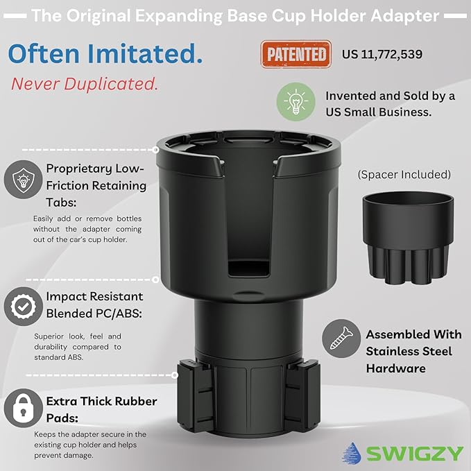 Swigzy Car Cup Holder Expander (Long Base) - Adjustable Expandable Insert Extender, Automotive Adapter Holds Hydro-Flask, Yeti, Nalgene, Large (32 40 oz) Water Bottles, Big Drinks - Universal