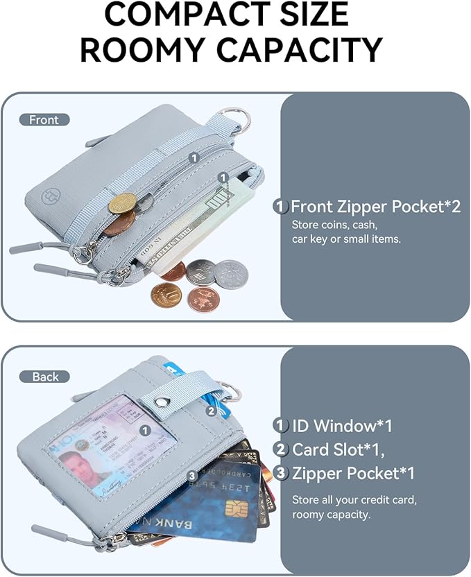BOSTANTEN RFID Small Wallet, Minimalist Zip ID Case Wallet with Lanyard Keychain, Water Resistant Card Wallets for women & Men, Grey