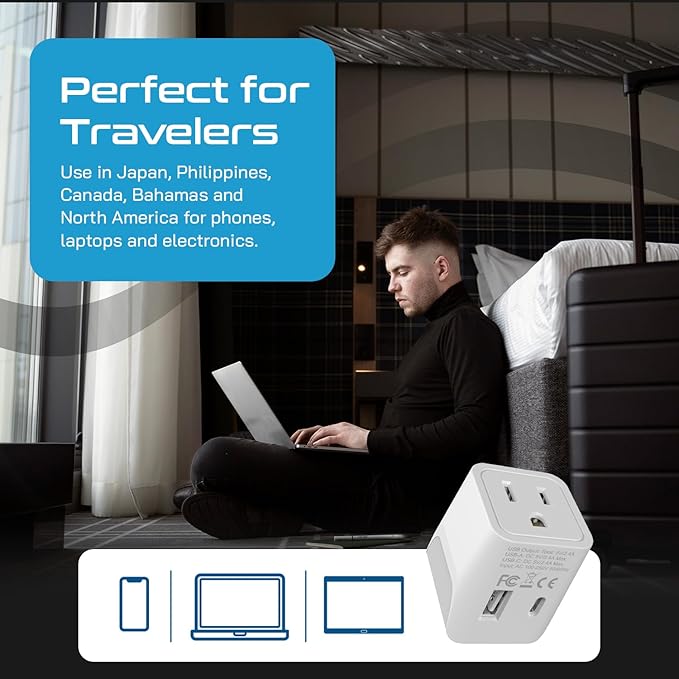 Ceptics Japan, Philippines Travel Adapter Plug with USB-A + USB-C - Usa Input - Type A - Ultra Compact (CTU-6) - Perfect for Cell Phones, Laptops, Camera Chargers