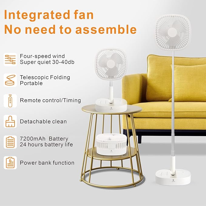 Magesh Portable Pedestal Fan - Foldaway Standing Fan Foldable Desk Fan, Use 7200Mah Rechargeable Battery, Remote Control Telescopic 4 Speed Quiet Timer Fan for Home Kitchen Outdoor Camping (White)