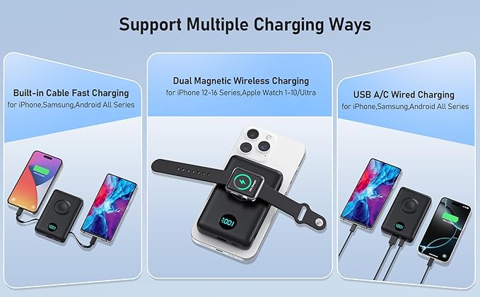 Ekrist Magnetic Portable Charger for MagSafe with Built-in Cable,iWatch Charger,Wireless Power Bank Travel Essentials,25W Fast Charging Battery Pack for iPhone 17/16/15,Apple Watch(Black,10800mAh)