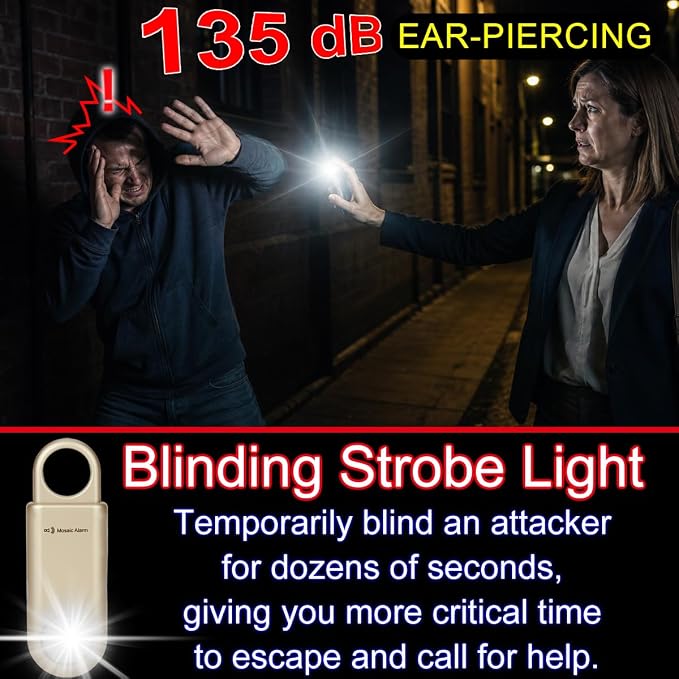 Rechargeable 135 dB Personal Alarm for Women 2-in-1 Flashlight Ultra-Bright Strobe Light. Students Kids Safety SOS Keychain Siren. Loud Emergency Hiking Bear Alerts Long Battery Life. Gold