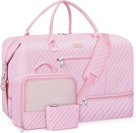ITIEZY Weekender Overnight Bag for Women - Large Travel Duffel Bag with Shoe Compartment, Gym Duffel Bag Hospital Bag Carry On Tote Bags for Airplanes with Crossbody Bag Toiletry Bag 3Pcs Set