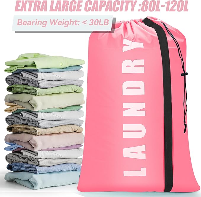 Isink Heavy Duty Laundry Bag with Strap,2 Pack Travel Laundry Bags for Dirty Clothes,24" x 36" Large Laundry Bag for Traveling,Camping,Dorm (Cyan + Pink)