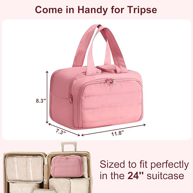 Travel Makeup Bag, Portable Travel Bag with Hanging Hook for Women, Waterproof and Hanging Toiletry Bags Travel Organizer Accessories for Travel Essentials,Dark Pink