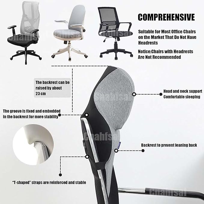 Neck Support for Office Chair，Memory Foam Neck Support Enlarge Head Rest for Office Chair，Washable Cover with Fixed Strap Suitable for Most Office Chairs Without Headrests