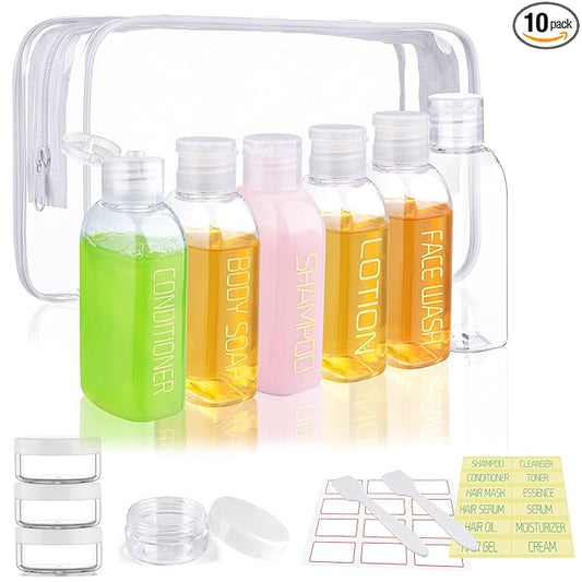 Cosywell Travel Bottles for Toiletries 10PCS Travel Shampoo and Conditioner Bottles TSA Approved Travel Size Containers Leakproof Plastic Cream Jars Refillable Cream Lotion Travel Essential Toiletrie