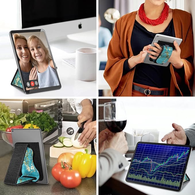 Fintie Universal Tablet Hand Strap Holder - [Dual Stand Supports] Detachable Padded Hook & Loop Fastening Handle Grip with Adhesive Patch for iPad/Galaxy Tab and All 7-11" Tablets, Blossom