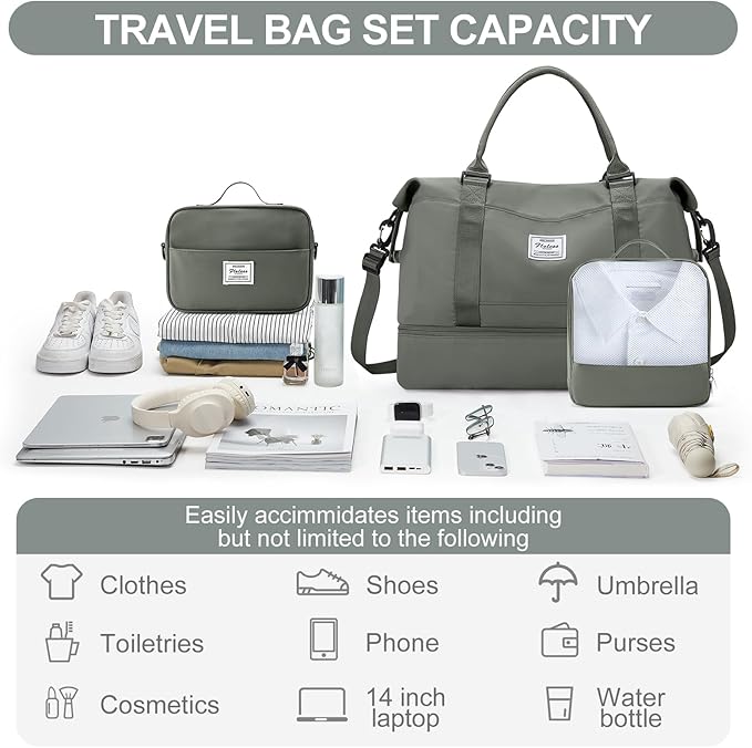 Weekender Bags for Women,Travel Duffle Overnight Bag with Shoe Compartment,Personal Item Carry On Bag,Olive Green Extra Large,3 Pcs Set
