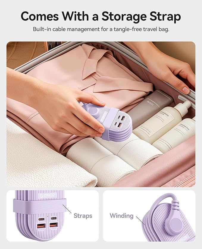 ORICO 22.5W Travel Power Strip, 7 in 1 Charging Station with 3AC, 2 USB-A, 2 USB-C, 4ft Extension Cord, Flat Plug Fashion Essential for Cruise Ship/Travel/Home/Office/Dorm -TK22