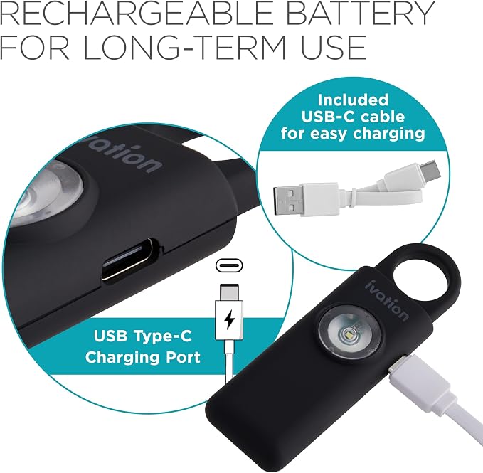 Ivation Personal Rechargeable SOS Alarm, Pocket Size Loud 130dB Sound Safety Siren & LED Panic Strobe Light with Carabiner Keychain Clip for Women, Children & Seniors, Black