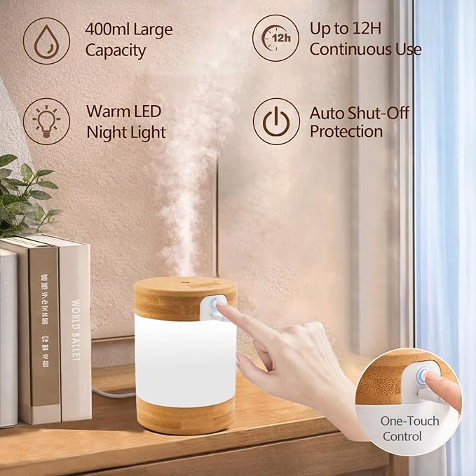 Bamboo Cool Mist Humidifier with Phone Stand, 400ml Ultrasonic Mini Humidifier, Quiet Desktop with Dual LED Night Light, USB-C Portable, Auto Shut-Off for Bedroom, Office, Travel