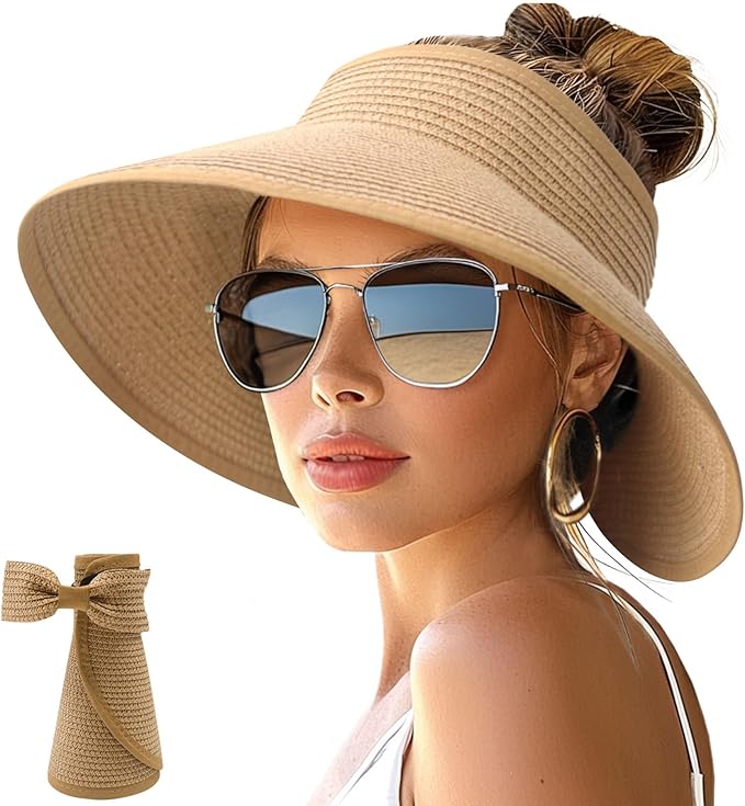 NPJY Sun Hats for Women Wide Brim Roll-Up Beach Ponytail Hat Packable Foldable Travel Straw Visor