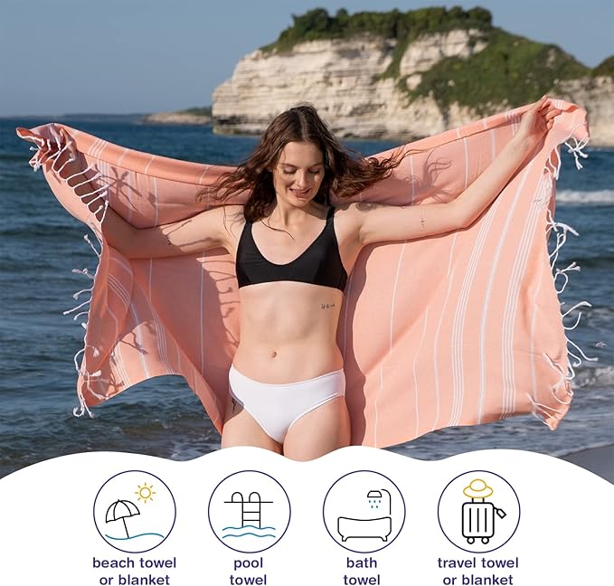 Turkish Beach Towels, Bulk Case of 36 | Oversized, Quick Dry, Sand Free | 100% Cotton, Large 38x71 Towels for Beach, Pool, Travel | Ultra-Soft, Compact, Absorbent | Salmon