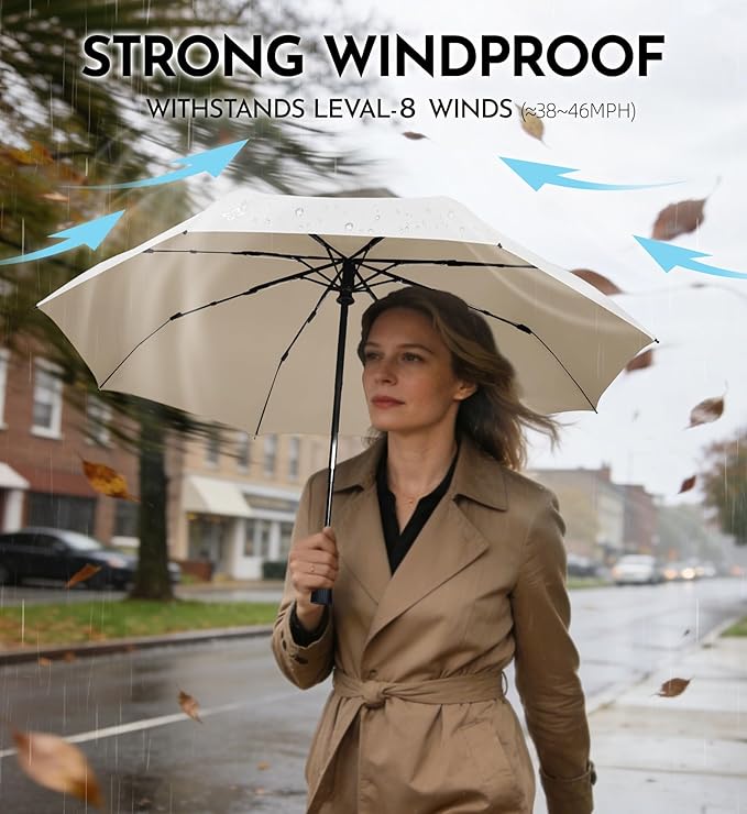 Windproof Travel Umbrella for Rain - 43" Compact Folding Umbrella, Reinforced Strong Frame, Lightweight Portable Parasol with UPF 100+ UV Sun Protection, Cruise Ship Essentials